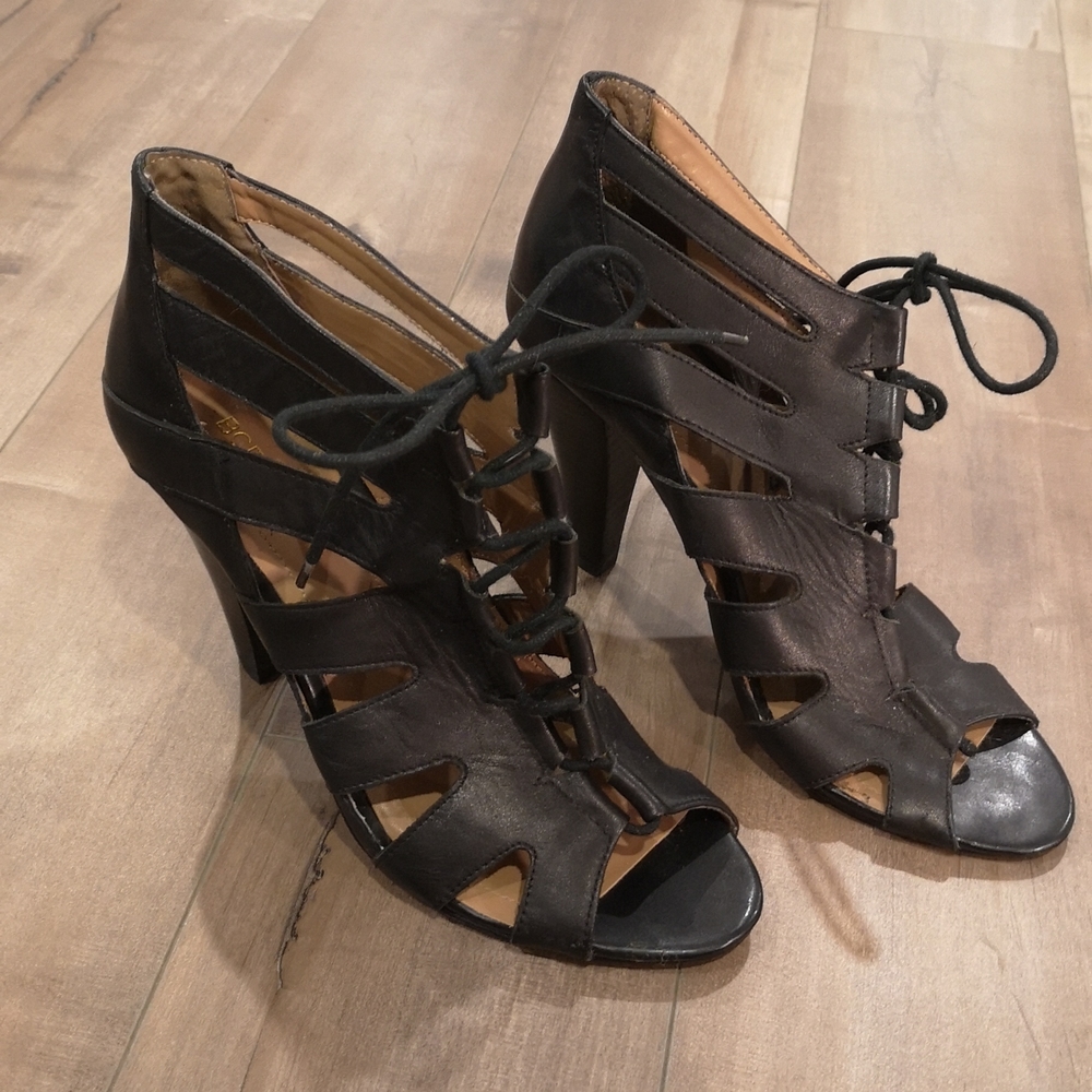 BCBG black leather cut-out heels